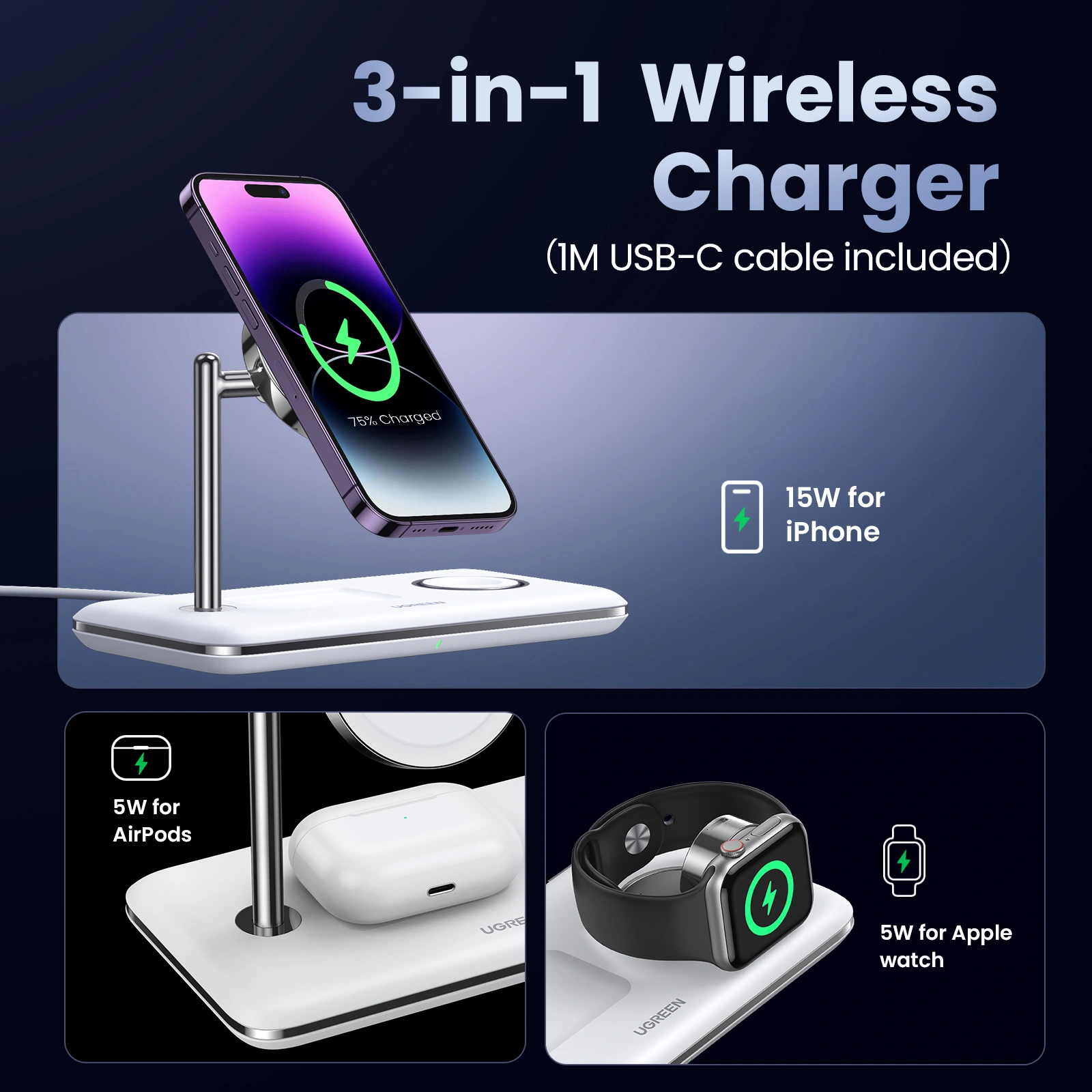 UGREEN 3-in-1 Wireless Charger 4 UGREEN 3 in 1 Wireless Charger CD278 90326 1 Year Warranty ugreenlk 1 5