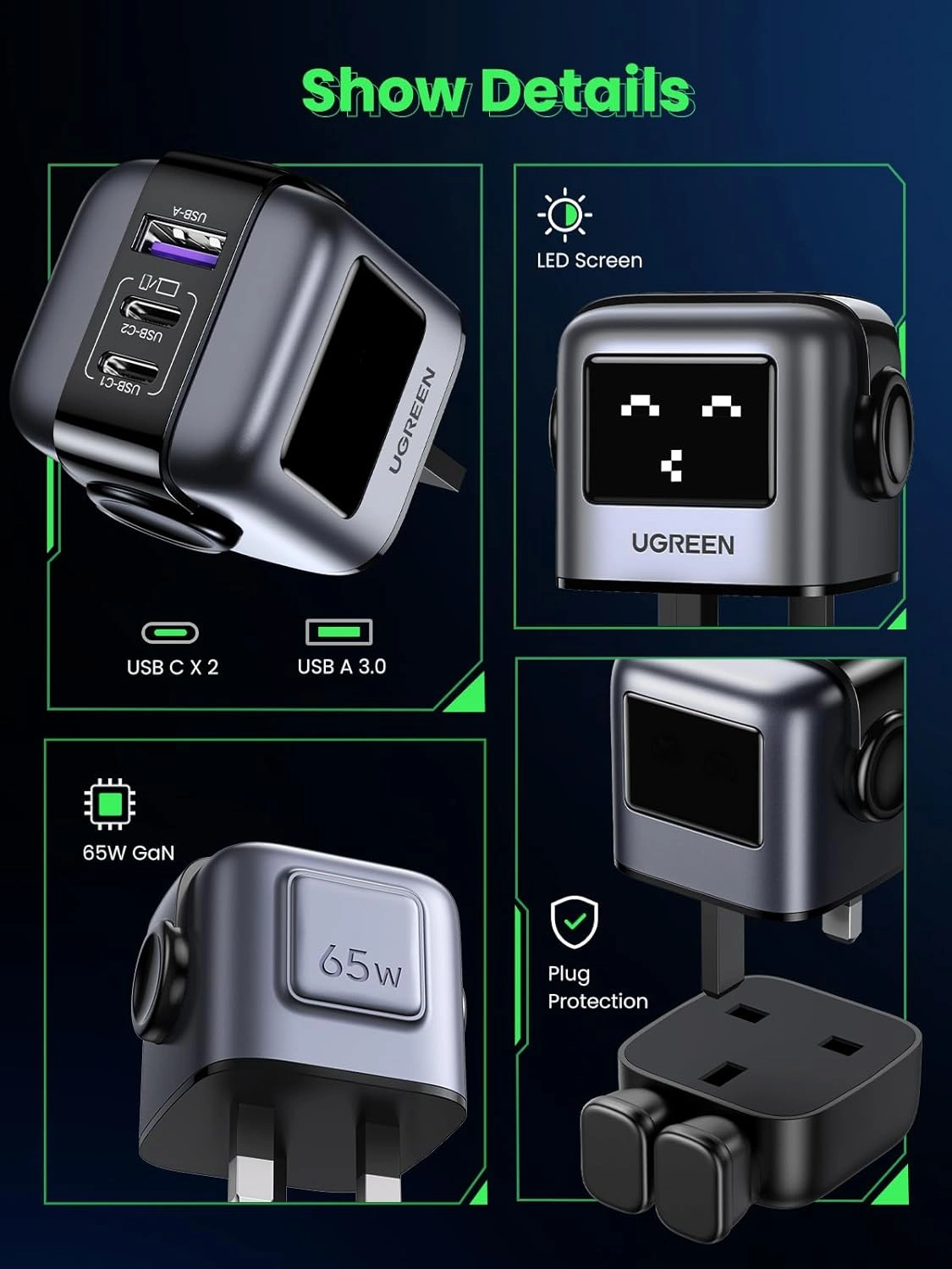 UGREEN 65W UNO RG GaN Fast Charging Adapter 3 UGREEN UNO RG 65W GaN 2 Type C 1 USB Fast Charger UK CD361 25686 Ugreenlk 7